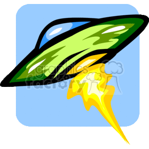 The clipart image depicts a stylized UFO (unidentified flying object) with a dynamic green and black design and a blue window or dome on top. The UFO is emitting a yellow and orange flame or energy trail as it presumably propels through the sky, which suggests movement and speed.