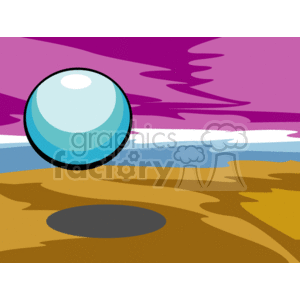 The clipart image depicts a stylized UFO (Unidentified Flying Object) hovering above a barren landscape with swirling purple skies. The UFO appears spherical with a glossy, reflective surface, featuring shades of blue. Below it, the ground is brown, with a distinct dark circular shadow cast by the UFO, suggesting it is floating in midair.