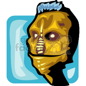 This clipart image features a stylized alien face with prominent features such as large, black eyes, a skeletal-like facial structure with prominent cheekbones, and decorative patterns on the skin. The alien has a distinctly non-human yellowish complexion and seems to be set against a blue background, which might suggest a sci-fi or otherworldly environment.