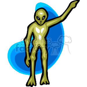 In this clipart image, there is a typical depiction of an alien figure. The alien has a green body, large black eyes, a small mouth, and appears to have four fingers on each hand. Its limbs are elongated, and it stands in front of what seems to be a blue circular aura or object.
