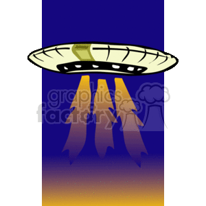 The image is a clipart of a UFO (Unidentified Flying Object), commonly associated with extraterrestrial spacecraft in science fiction. The UFO is depicted as a classic flying saucer shape with a dome on top and a series of windows or lights around the midsection. Below the saucer, there are stylized flames or beams emanating downward, implying that the UFO is either landing or propelling itself through the air.