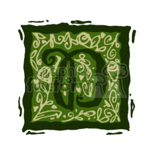 This clipart image features a stylized letter D rendered with ornate patterns and embellishments within a decorative square frame. The design has a calligraphic and ornamental quality, resembling traditional manuscript illumination.
