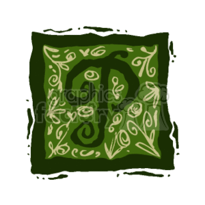 The image features a stylized letter 'P' with decorative elements that resemble vines and leaves. It is contained within a squarish dark-green border that has an irregular, paint-like texture. The entire design has a calligraphic and ornate feel, suggesting a theme that is artistic and perhaps organic in nature.