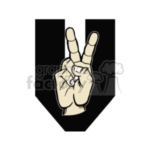 The image depicts a hand gesture representing the letter V in sign language. The hand is raised with the palm facing out, the index and middle fingers are raised and parted to form a V shape, while the thumb extends over to meet the tips of the ring and little fingers, both of which are curled into the palm.