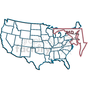 The clipart image depicts an outline of the United States with individual state boundaries marked. Highlighted on the map is the state of Maryland (MD), which is emphasized with a larger, more detailed outline and an arrow pointing to it. The letters MD are also inside the state's outline, indicating the abbreviation for Maryland.