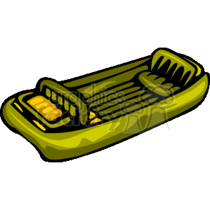 The clipart image shows an inflatable rubber raft, commonly used for water sports and recreational activities. The raft appears to be designed with multiple air chambers for buoyancy and safety, and features a contrasting color design with predominantly green and yellow accents.