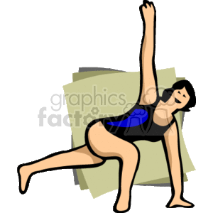 The image depicts a cartoon of a woman in the middle of a fitness pose, suggesting she is engaged in exercise or an aerobics workout. She appears to be wearing a blue and black leotard which is typical attire for such activities, indicating a focus on physical health and activity.