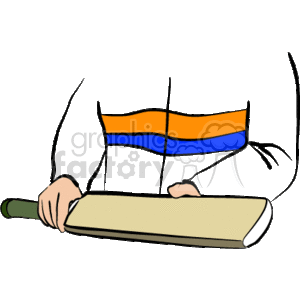 The clipart image shows a cricket batsman in a batting stance, holding a cricket bat with both hands. The batsman is front-on with the bat's blade pointing downwards, and the batter seems to be wearing a jersey with a distinctive blue and orange horizontal stripe design on the chest area. The details of the face and the rest of the body are not depicted; the image focuses on the upper body and hands of the player.