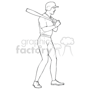 The clipart image shows a monochrome illustration of a baseball player. The player is standing in profile view with a baseball bat resting on their shoulder. They are wearing a baseball cap, uniform, and cleats, and are posed as if they are waiting for their turn to bat or posing for a portrait.