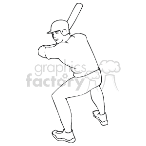 The image is a black and white line art representation of a baseball player in a batting stance. The player appears to be prepared to hit a baseball, holding a bat over the shoulder and wearing a typical baseball uniform including a cap, jersey, pants, and cleats.