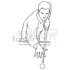 The image depicts a line drawing of a person playing billiards. The person is leaning over a pool table, lining up a shot with the cue stick, and focusing on the cue ball.