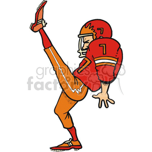 The clipart image depicts a stylized American football player in the act of kicking a football. The player is wearing a full football uniform complete with a helmet, jersey with the number 7, pants, and cleats. The player's posture suggests that he is a kicker performing a punt or a kick-off, with one leg extended high in the air and arms out for balance. The image is colorful and cartoon-like, suitable for illustrating articles or pieces on American football, particularly those concerning kickers and special teams plays.