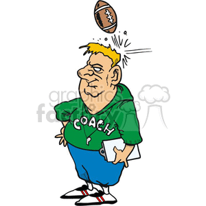 The image shows a cartoon of a football coach. The coach is depicted as a middle-aged man with a slightly grumpy expression. He is wearing a green sweatshirt with the word COACH on it, blue shorts, and sneakers with red stripes. He has a whistle around his neck and is carrying a playbook or clipboard in his left hand. There's a football in the air above his head, suggesting it may have been unexpectedly thrown to or at him, indicated by the surprise lines around the impact area.