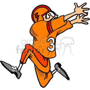 The clipart image shows a stylized depiction of an American football player in the act of running or jumping to catch a football. The player is wearing a football uniform with the number 3, as well as a helmet with a lightning bolt design, which may suggest speed or power. The player's posture and outstretched arms indicate that they are focused on catching the ball. The image is simplified and has a humorous or exaggerated style that is common in clipart.