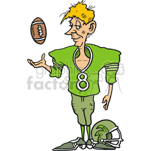 This clipart image features a caricature of an American football player in a humorous style. The player is wearing a green jersey with the number 8 and green pants, which are traditional football attire. He has yellow spiky hair and a slightly confused or nonchalant expression, as he casually attempts to catch the football that is floating to his side. There is also a green football helmet resting on the ground next to his feet, suggesting that he is on the sidelines or has taken a break from the game. The sports outfit and equipment indicate he is ready for action, although his posture and expression add a funny, light-hearted touch to the image.