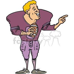 This image portrays a cartoon-style illustration of an American football player, probably a quarterback, since he's holding a football and appears to be pointing out directions or plays. The player is wearing a football uniform, including a helmet, jersey, pants, and cleats. The color of the uniform in this image is predominantly purple.