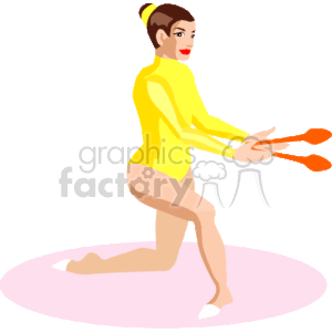 The image is a clipart illustration of a female gymnast. She is on one knee on a mat and seems to be performing a routine, possibly with a pair of clubs or similar apparatus in her hands. She is wearing a yellow leotard, and her hair is styled in a bun. The background is solid black, highlighting the figure in the foreground.