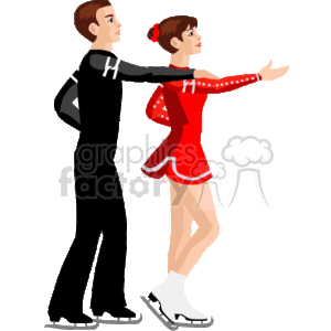 The clipart image features a male and female figure skating pair. The characters are depicted in a pose commonly associated with figure skating, which is different from gymnastics. The lady is wearing a red skating dress with white skates, and the man is dressed in a black outfit with white skates as well.