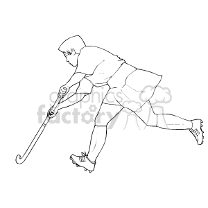 This clipart image features a field hockey player in motion, holding a hockey stick and looking towards a small ball on the ground. The player is depicted in an athletic stance, suggesting motion and preparation to hit the ball. The image is a simple, black and white line drawing, which captures the essence of the sport.