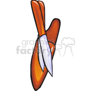 The clipart image shows two crossed knives with orange handles and shiny, pointed blades. They appear to be simple stylized representations without any specific identifying features that would classify them as a particular type of knife within the context of martial arts or sports.