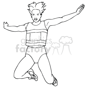 The clipart image shows a stylized representation of a female runner in a dynamic pose. She appears to be in the middle of a stride with one leg extended forward and the other back, arms spread wide for balance. Her hair is styled in a ponytail that is splayed out due to the motion, and she is dressed in a sleeveless top and shorts, appropriate for running or athletic activities.