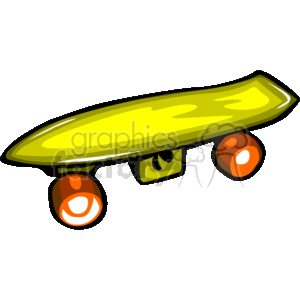 This clipart image depicts a stylized, cartoon-like representation of a green skateboard with orange wheels and a yellowish deck.