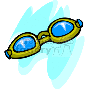 The clipart image depicts a pair of swimming goggles. These are a type of protective eyewear used in swimming to keep water out of the swimmer's eyes. The goggles are yellow with blue lenses and are a common accessory for both recreational and competitive swimmers.