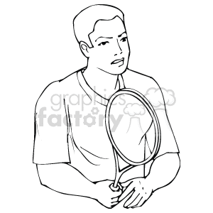 This clipart image shows a line drawing of a person holding a tennis racket. The person appears to be ready for a tennis match or practice, wearing a casual sports outfit.