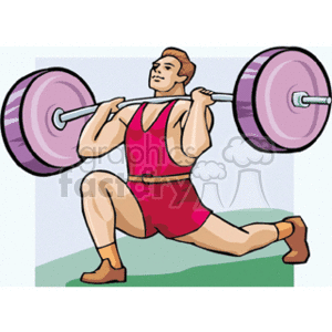 This clipart image depicts a cartoon of a bodybuilder lifting weights. The individual is performing a lift while in a lunging position, holding a barbell with large weights on each end. The bodybuilder is wearing a tank top and shorts, knee-high socks, and boots, suggesting an exercise or weightlifting scene.