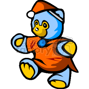 The image shows a colorful cartoon teddy bear. This teddy bear has blue and orange colors with touches of yellow and seems to be wearing pajamas and a cap, possibly suggesting it is ready for bedtime.