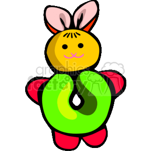 The clipart image depicts a colorful cartoon of a toy that combines elements of a rabbit and a doll. It features a cheerful yellow face with bunny ears, which are pink on the inside and have a hint of red outlining. The body has prominent green sections, possibly representing a rattle or clothing, as well as red accents on the arms and feet.