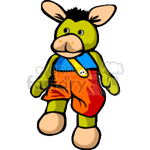 The image is a colorful clipart of a stuffed animal that resembles a donkey. It features the donkey wearing a blue and yellow overalls with a single button and greenish sleeves and cuffs. The donkey has large ears, wide eyes, a tuft of hair on top of its head, and a pronounced snout.