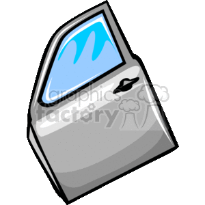 The clipart image shows a stylized illustration of a car door. The door appears to be detached from the vehicle and is depicted at an angle that showcases the exterior side. It has a window with a visible blue sky reflection, a door handle, and what looks like a locking mechanism.
