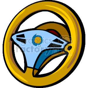 The clipart image depicts a stylized and simplified illustration of a steering wheel, which is an essential part of a car's control system. It is designed in vibrant colors with an emphasis on golden yellow, blue, and black, creating a cartoonish appearance.