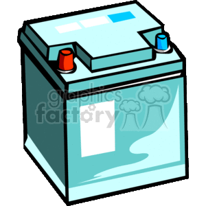 The clipart image displays a stylized illustration of a car battery. The battery is depicted with positive (marked with red) and negative (marked with blue) terminals on the top, which are typically used to connect the battery to a vehicle's electrical system.