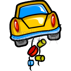 This is a clipart image of a yellow car. Attached to the car are cans tied to strings, commonly associated with a wedding tradition where newlyweds drive away in a car marked with the phrase Just Married. However, that specific phrase is not visible in this image.