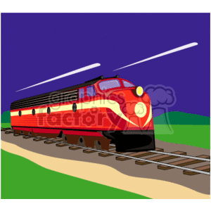 The clipart image portrays a stylized red locomotive with yellow and white accents, on railroad tracks. The train is depicted in motion, as indicated by the motion lines trailing from its back. The scene is set against a backdrop of green hills and a dark blue to purple gradient sky.
