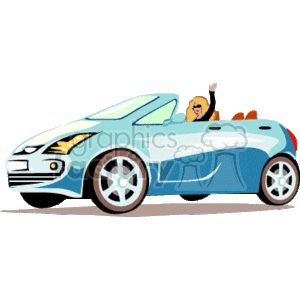 The clipart image features a light blue convertible car with a smiling person driving. The car has its top down and appears stylish and modern, reflecting a sense of leisure and transportation.