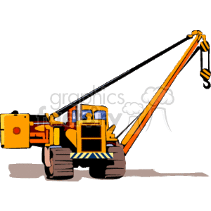 The clipart image depicts a mobile crane, which is a piece of heavy construction equipment used to lift and move materials. The crane is characterized by its large hook, telescopic boom arm, sturdy tires, and operator's cab.