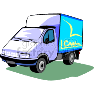 The image is a colorful clipart of a delivery truck or small box truck used for transportation or logistics services. The truck is predominantly illustrated with a blue cab and a larger blue box structure with a graphic design or logo on the side, possibly signifying that it is a commercial vehicle associated with a specific company or service.