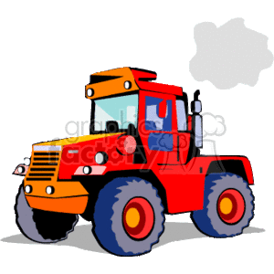 The clipart image features a stylized representation of a red construction tractor. The tractor has large wheels, a cabin with windows, and is depicted in a cartoonish style with bold outlines and simplified details. It appears to be on a flat surface with a small cloud of dust or exhaust indicated at the back.