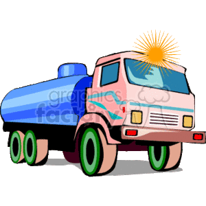 This clipart image features a colorful tanker truck. The truck is primarily pink with a blue tank and green wheels. It appears to be a simplified or stylized representation of a heavy vehicle used for transportation of liquids such as fuel, water, or chemicals.