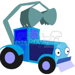 This image depicts a stylized blue front loader or tractor with an articulated arm and a bucket at the end, commonly seen at construction sites. It appears to be designed in a cartoonish manner with eyes to give it a friendly, anthropomorphic look.