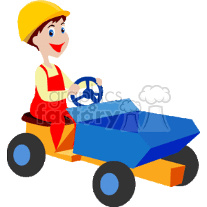 The clipart image features an animated character driving a simplified representation of a construction dumper or dump truck. The character is wearing a hard hat and construction attire, suggesting they are a construction worker. The vehicle appears stylized and is likely intended for educational or entertainment purposes, such as in a children's book or educational material about construction equipment.
