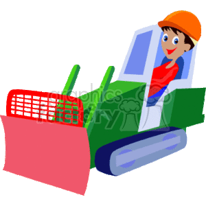 This clipart image depicts a cartoon-style illustration of a person operating a green and red bulldozer, which is a type of heavy construction equipment. The operator is wearing a safety helmet and has a cheerful expression.