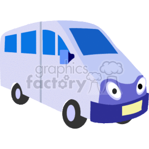 This clipart image features a stylized cartoon of a passenger van. The van is colored in shades of blue with windows along the side, black tires, and a simplified front grille with headlights and a smile-like bumper.