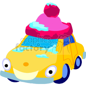 The clipart image depicts a cheerful yellow car wearing a pink knitted winter hat with a pom-pom on top. The car has blue accents on its tires and a friendly expression. There are patches of snow and ice on the car's surface, indicating cold winter weather. 