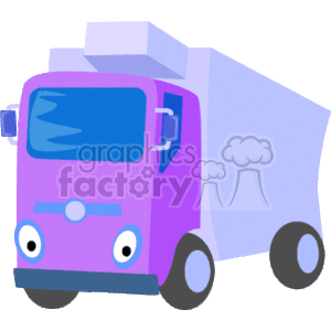 The clipart image depicts a stylized purple construction dump truck. It has a cab with visible headlights and windshield, and a large dumping box behind for transporting materials. It's a simplified representation typical for illustrations aimed at children or for use in icons and informational graphics.