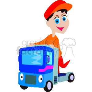 This image shows a cartoon of a child wearing a cap and an orange shirt, with their hands on the steering wheel of a vibrant blue and pink semi-truck. The kid is depicted with a cheerful expression, suggesting that they are enjoying playing or pretending to drive the heavy construction equipment.