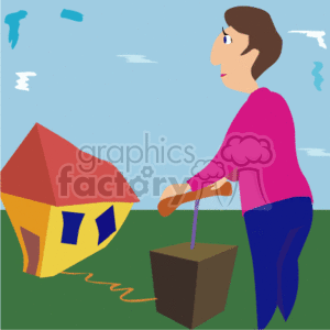 The image is a stylized clipart that features a person standing next to a box with a handle, and there is a fuse running from the box to a cartoonish representation of a house. The context suggests that the box may represent TNT or dynamite, usually associated with explosions, and the fuse connecting it to the house implies a potential impending explosion of the house. The scene is set outdoors with a blue sky and light clouds in the background.